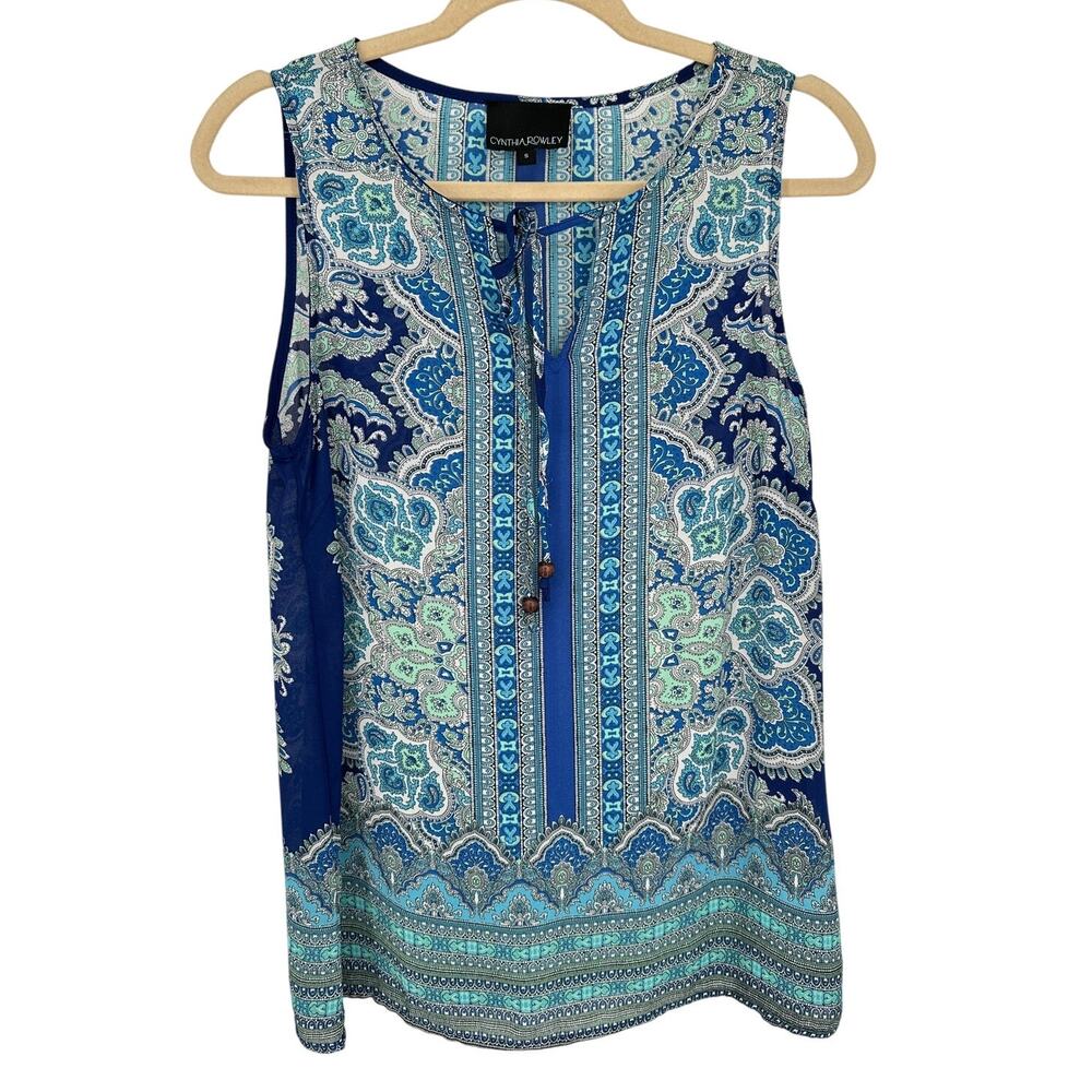 Cynthia Rowley Paisley Tunic Top S Blue Green Sleeveless Beaded Bohemian Coastal